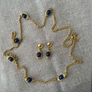 Matte Gold Tone Necklace & Earrings Set w/ Royal Blue Beads